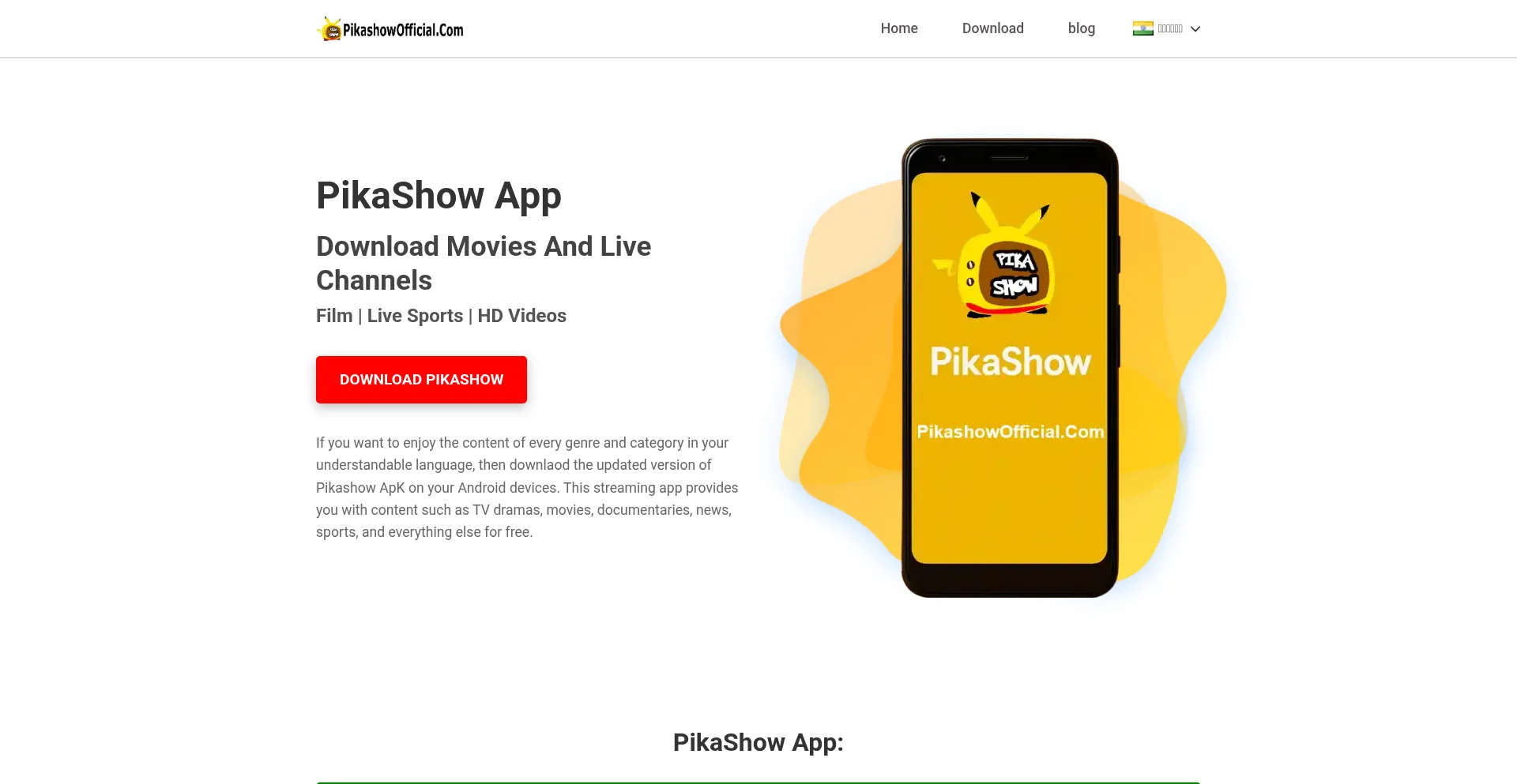 Website screenshot of Pikashowofficial.com