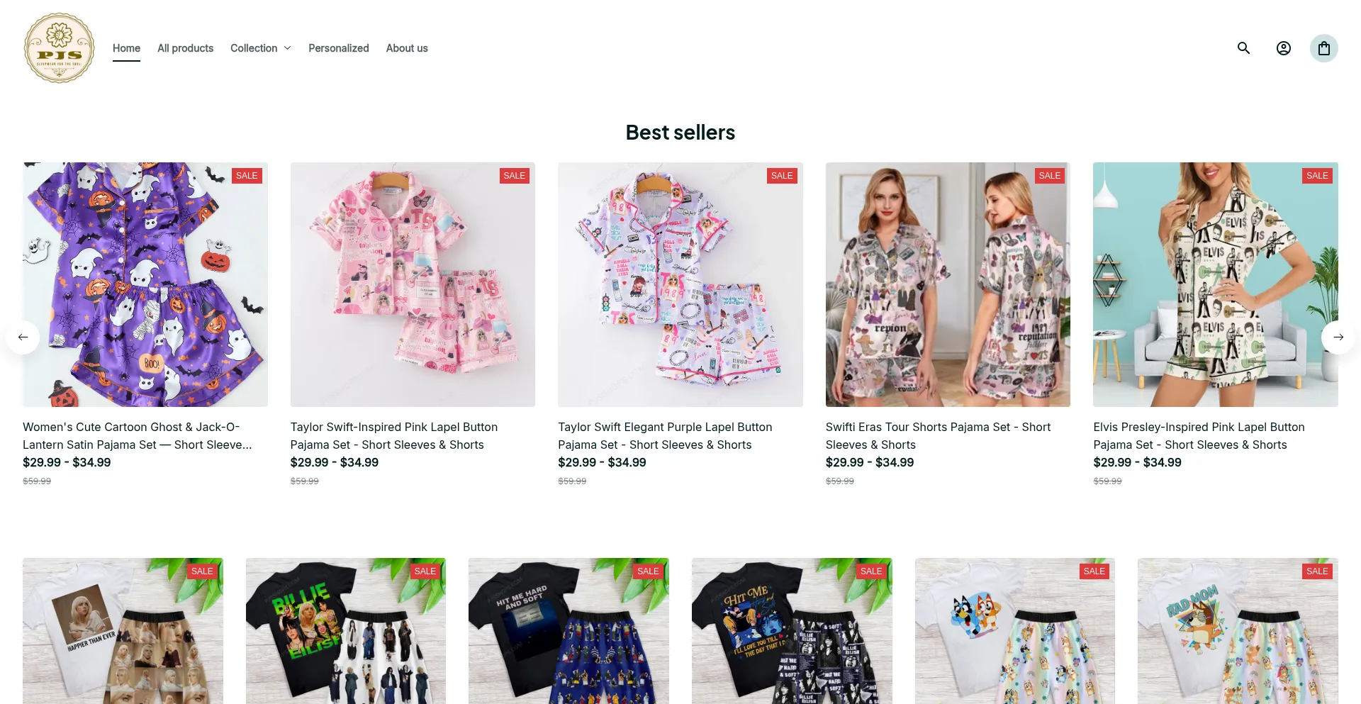 Website screenshot of Pjsshops.com