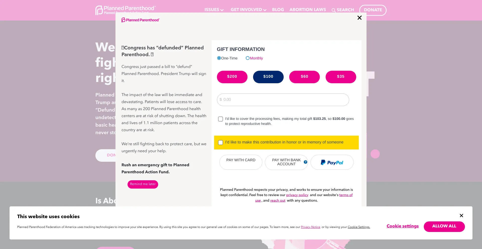 Website screenshot of Plannedparenthoodaction.org
