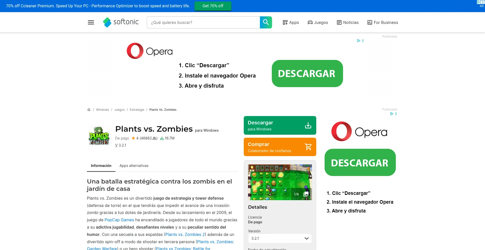 ¿És Seguro y Confiable Plants-v-zombies.softonic.com?