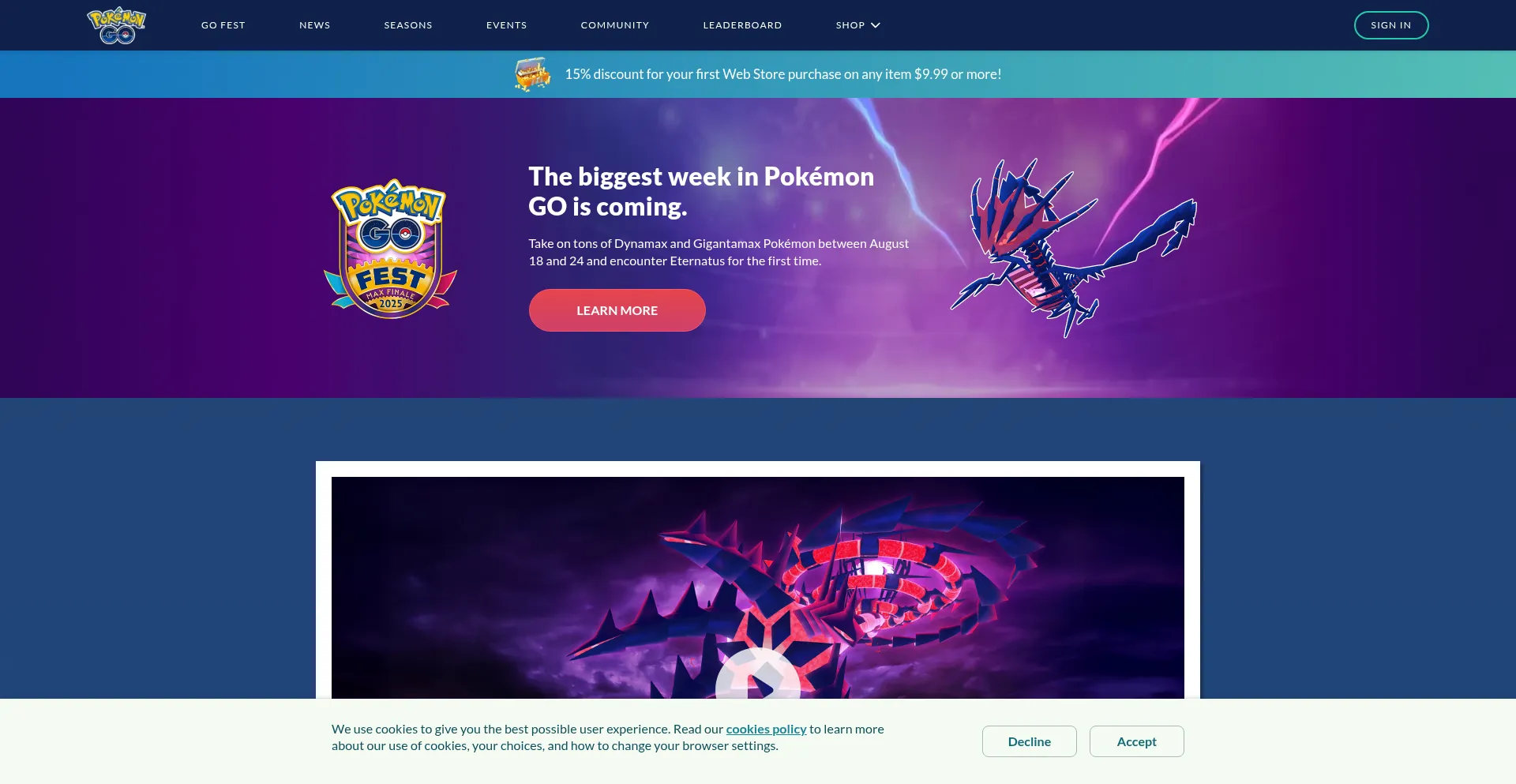 Website screenshot of Pokemongo.com