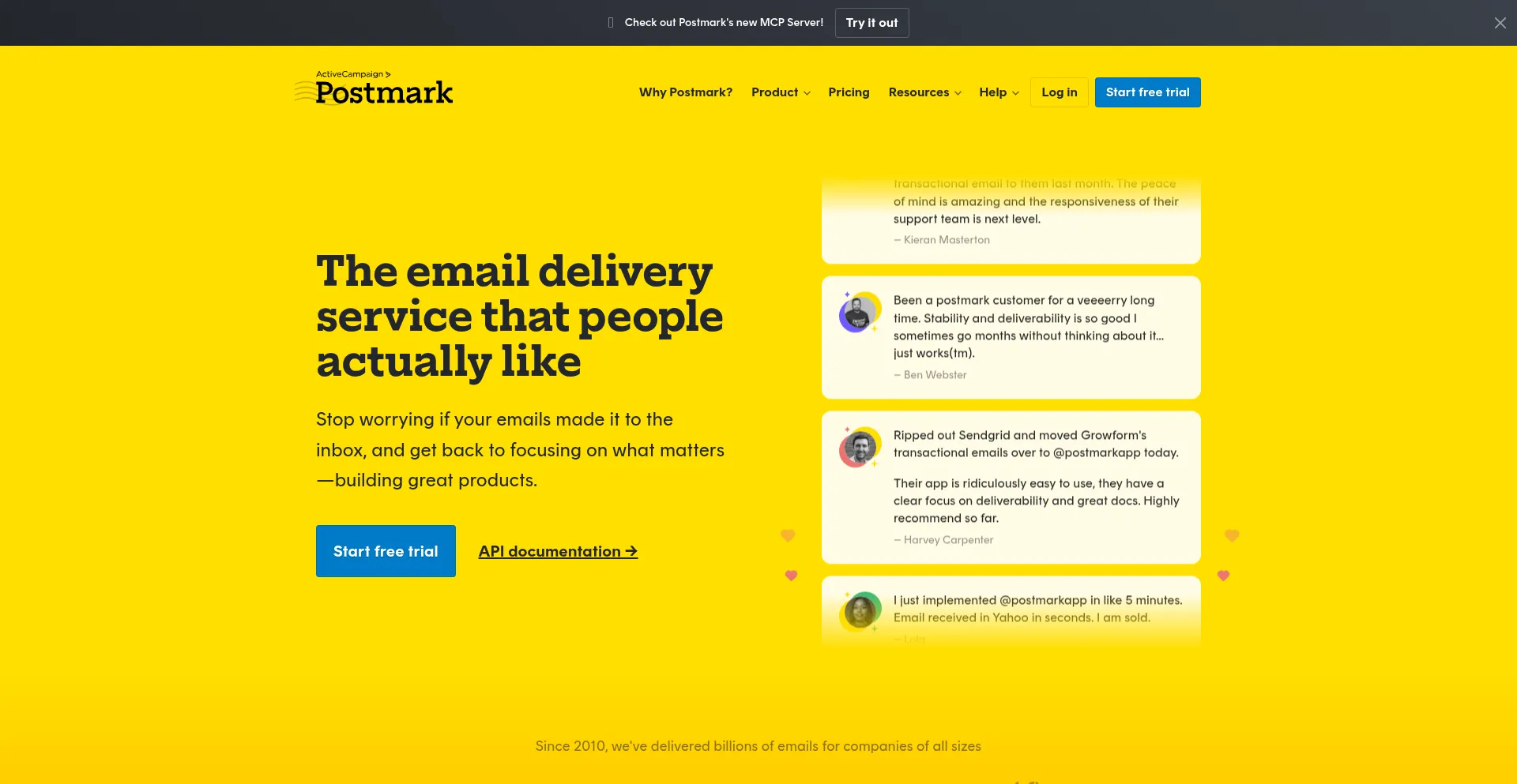Website screenshot of Postmark.com