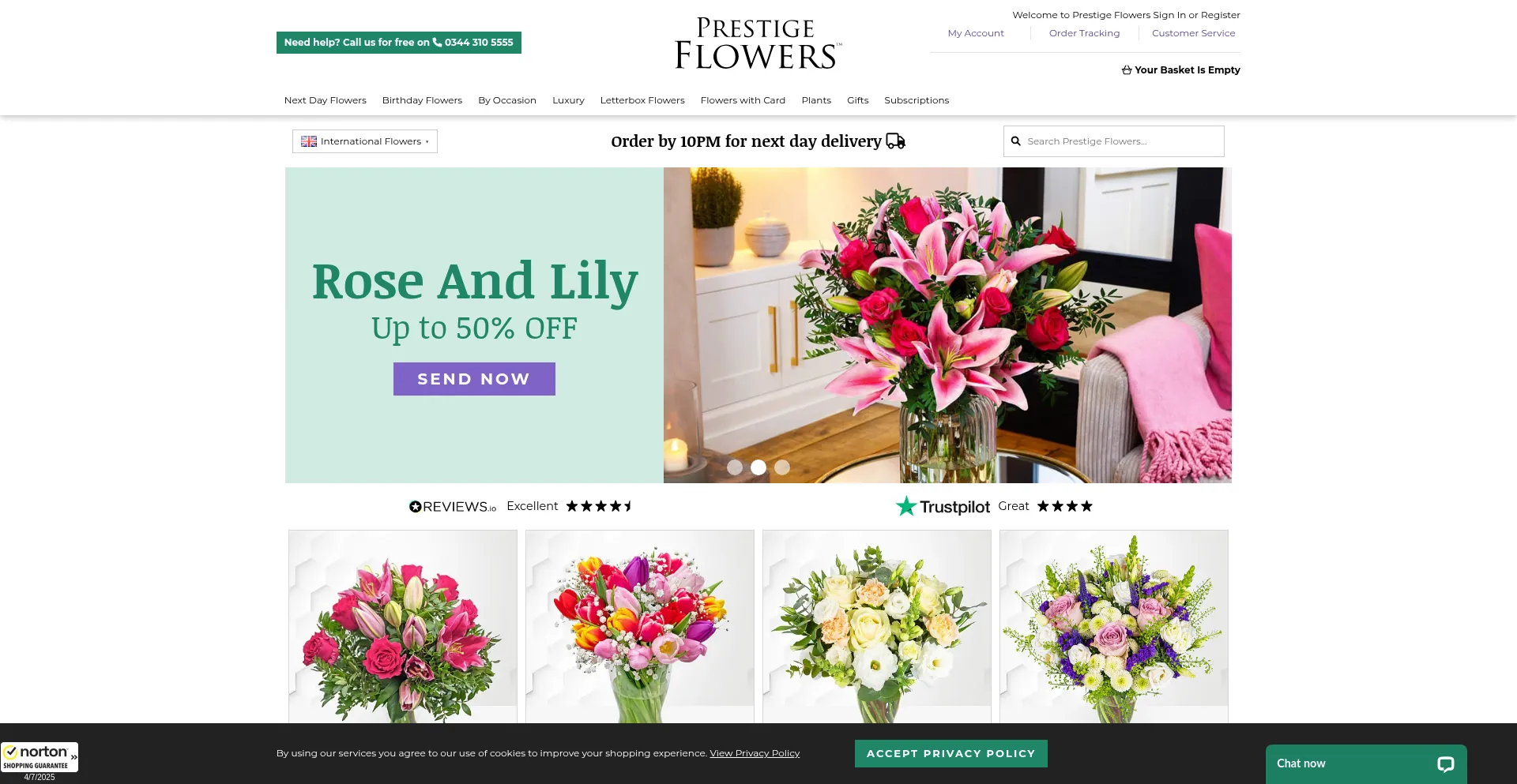 Website screenshot of Prestigeflowers.co.uk