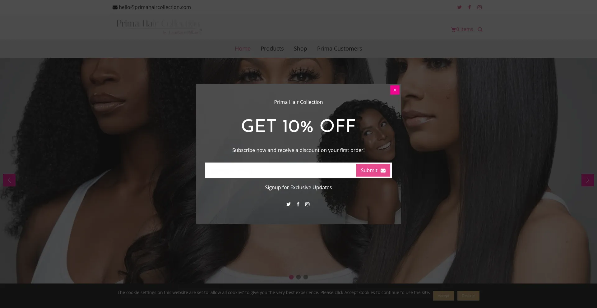 Website screenshot of Primahaircollection.com
