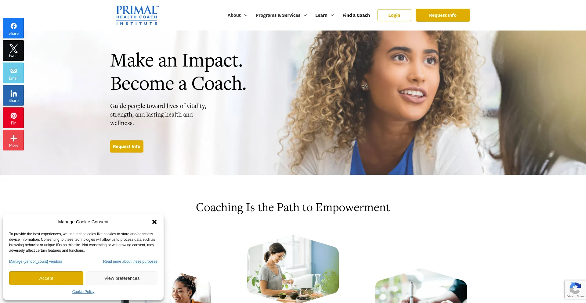 Website screenshot of Primalhealthcoachinstitute.com