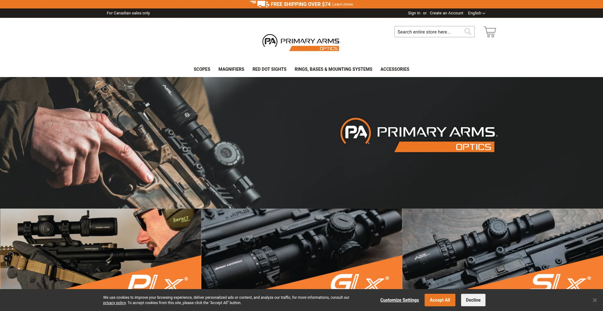 Website screenshot of Primaryarmsoptics.ca