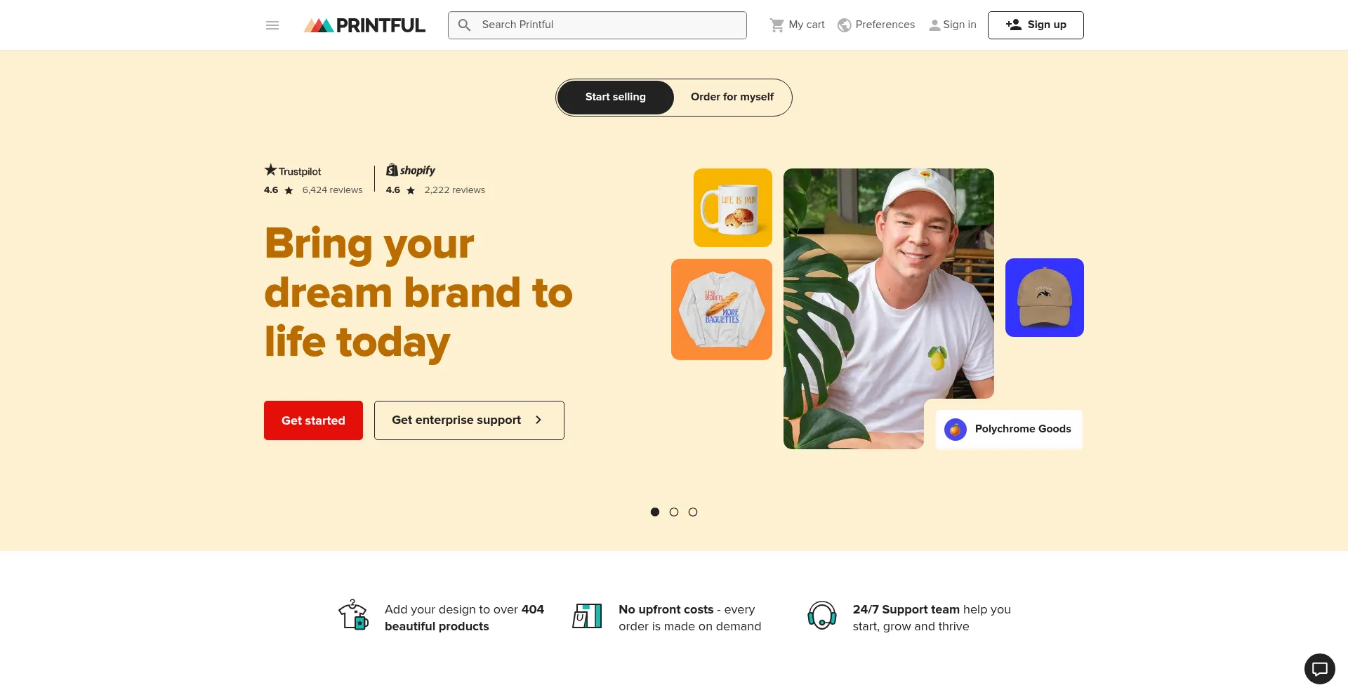 Website screenshot of Printful.com