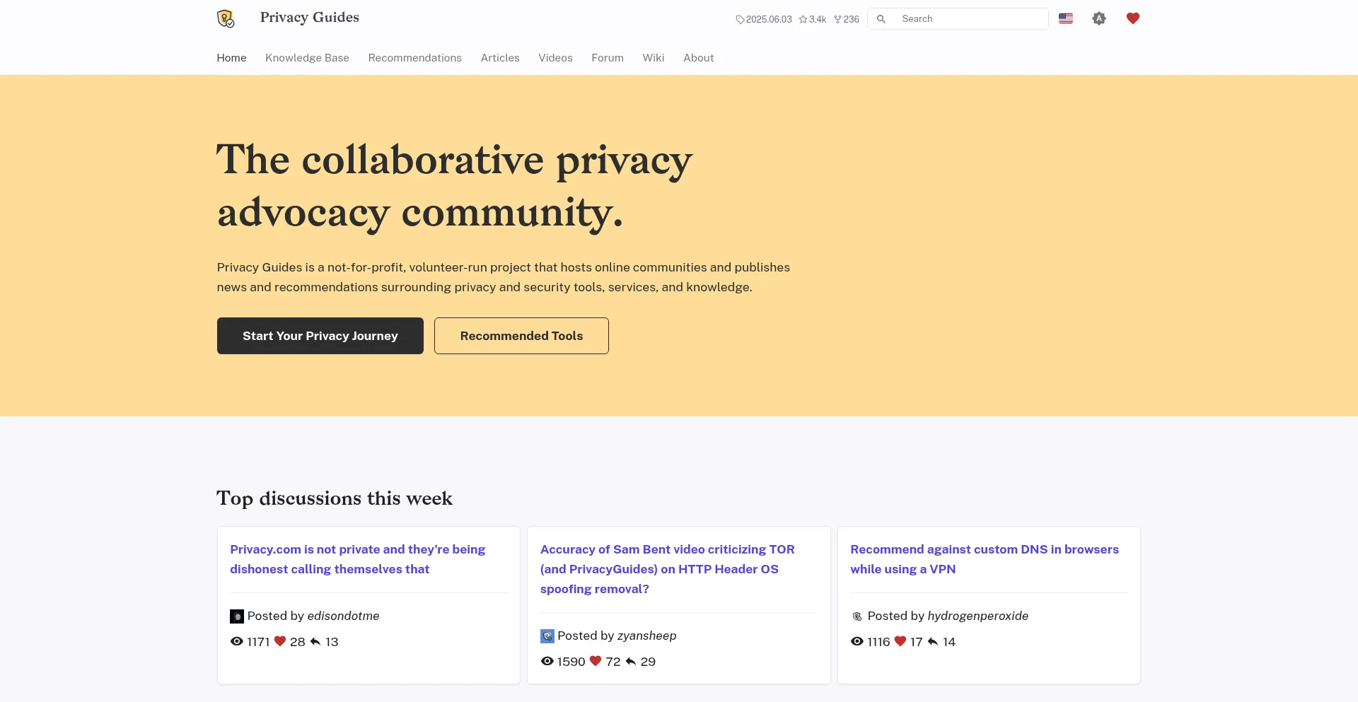 Website screenshot of Privacyguides.org