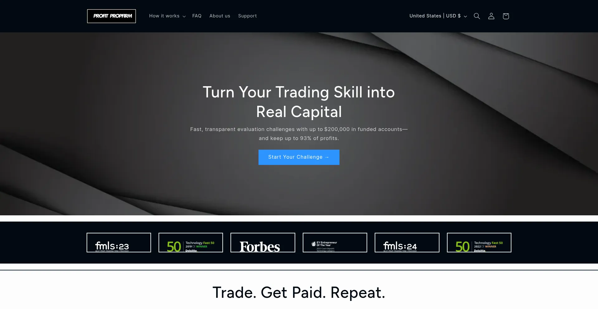 Website screenshot of Profitpropfirm.com