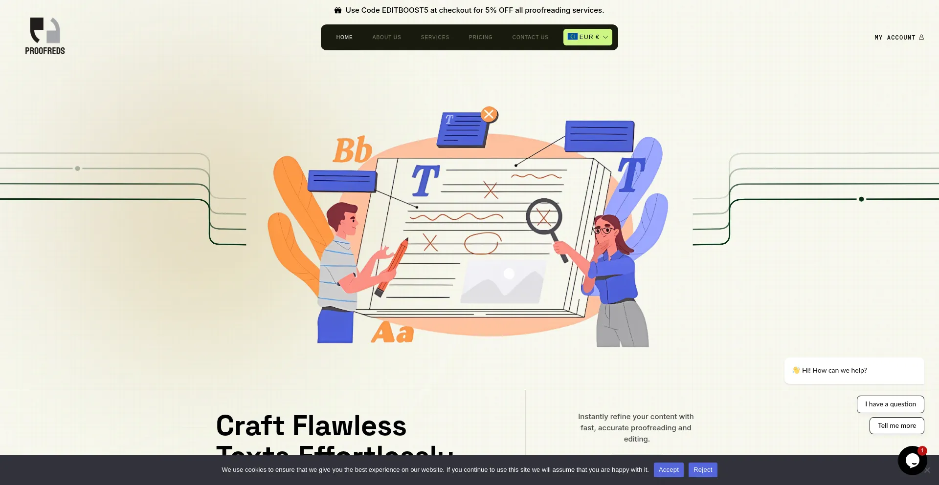 Website screenshot of Proofreds.com
