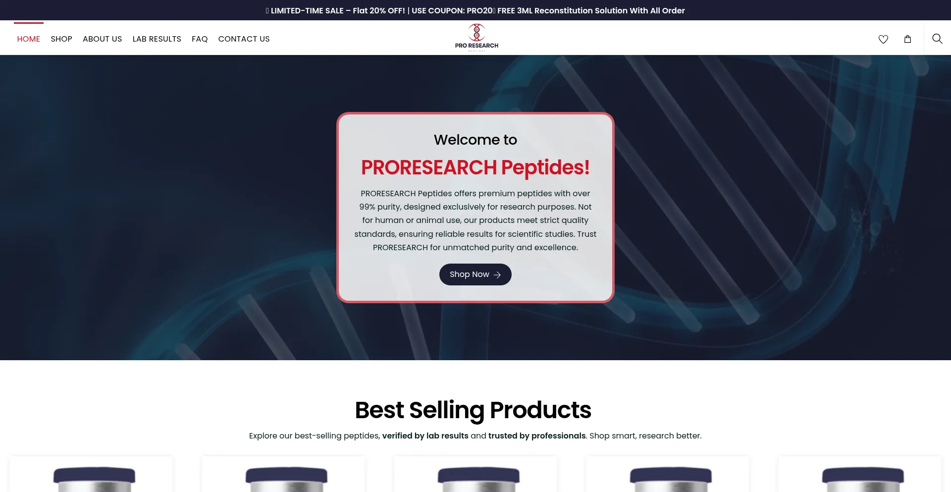 Website screenshot of Proresearchpeptide.com
