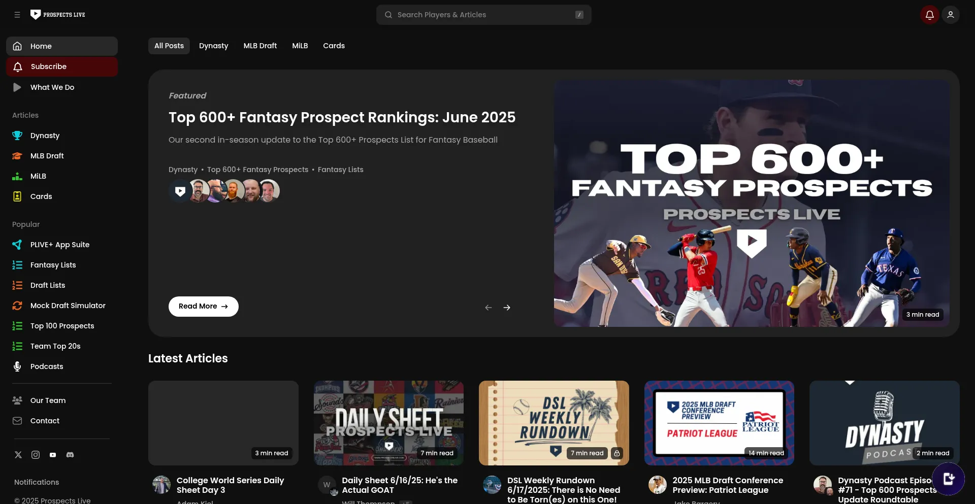 Website screenshot of Prospectslive.com