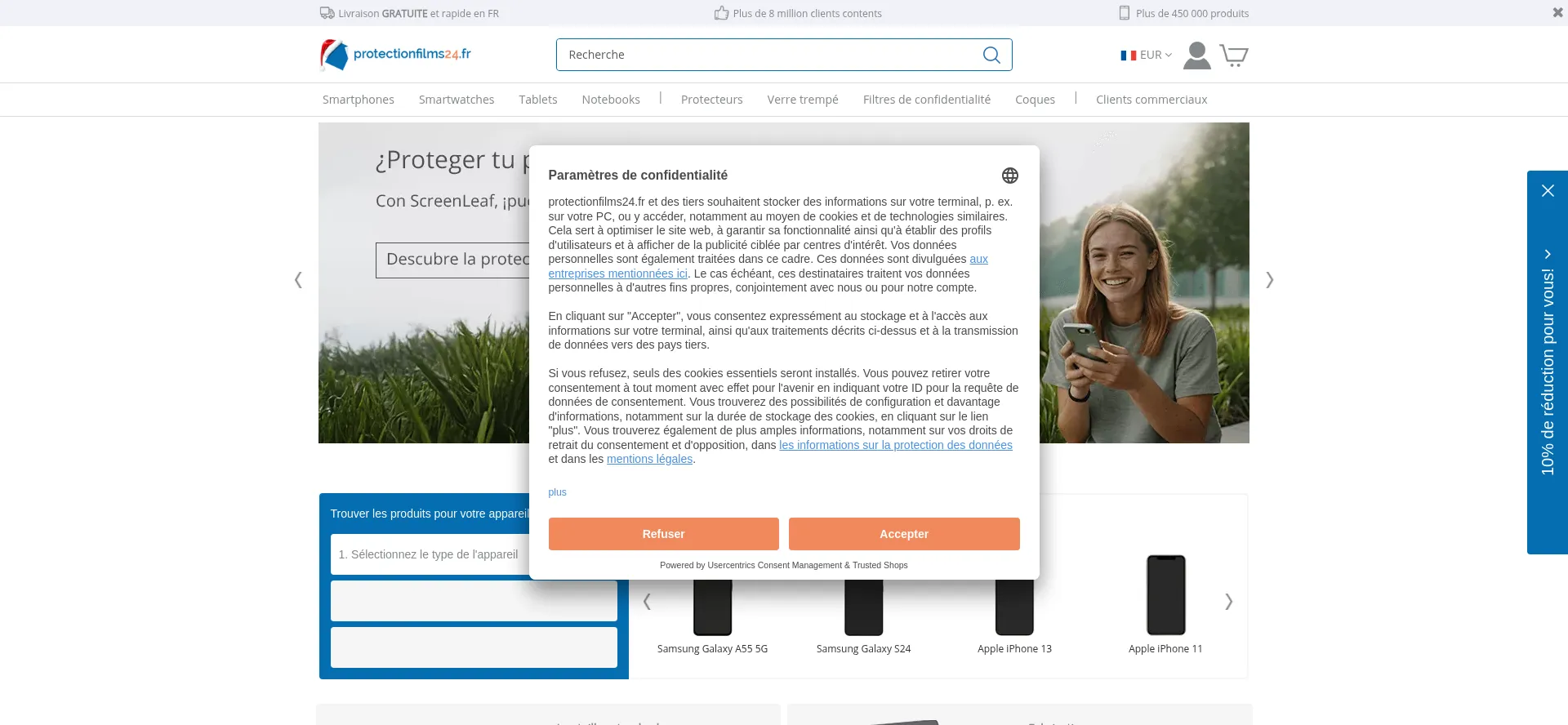 Website screenshot of Protectionfilms24.fr