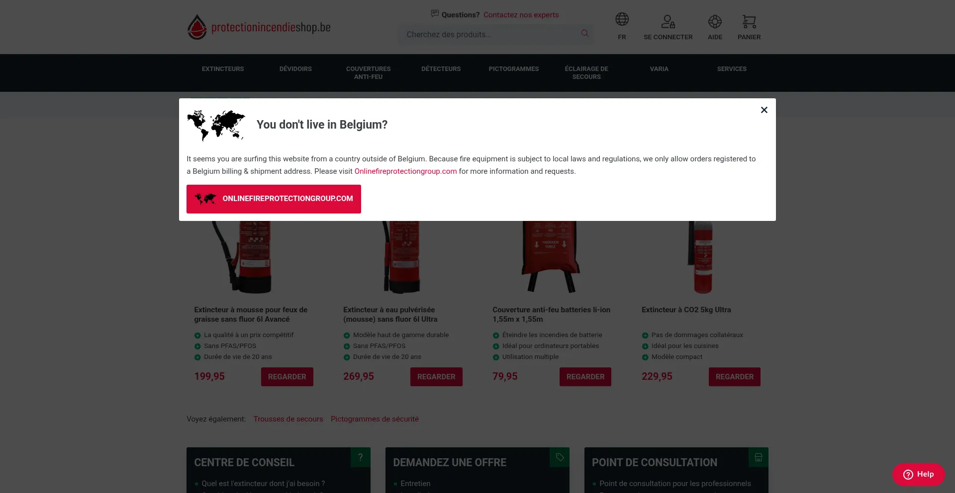 Website screenshot of Protectionincendieshop.be