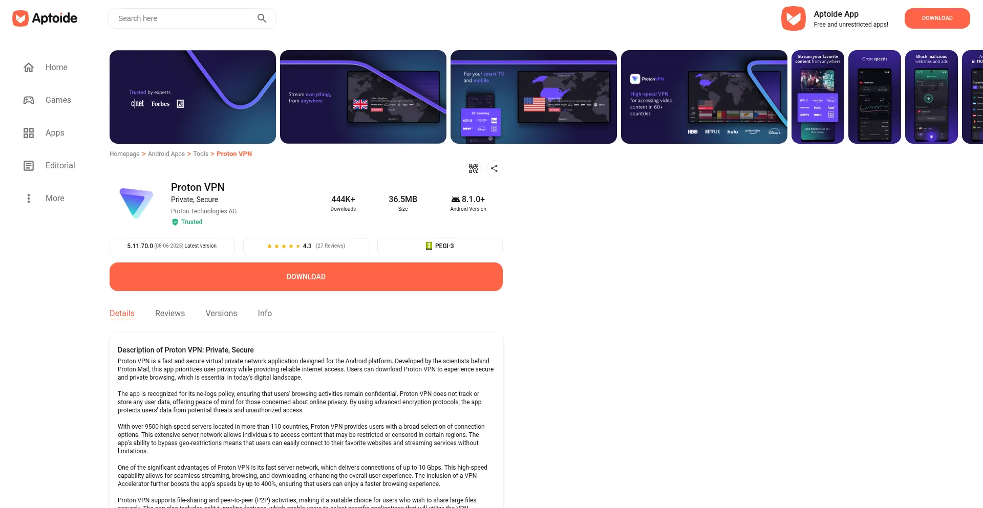 Website screenshot of Protonvpn-android.en.aptoide.com