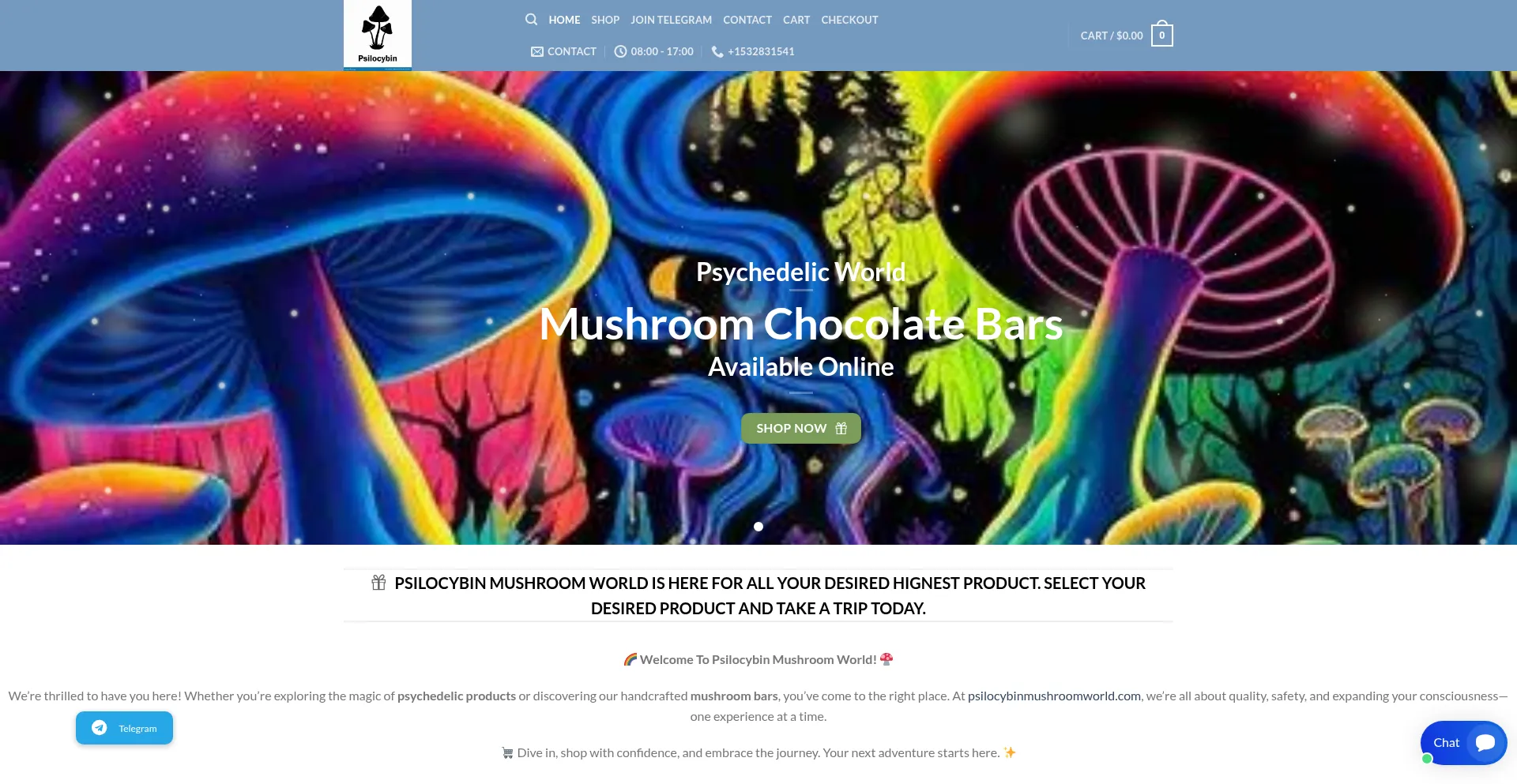 Website screenshot of Psilocybinmushroomworld.com