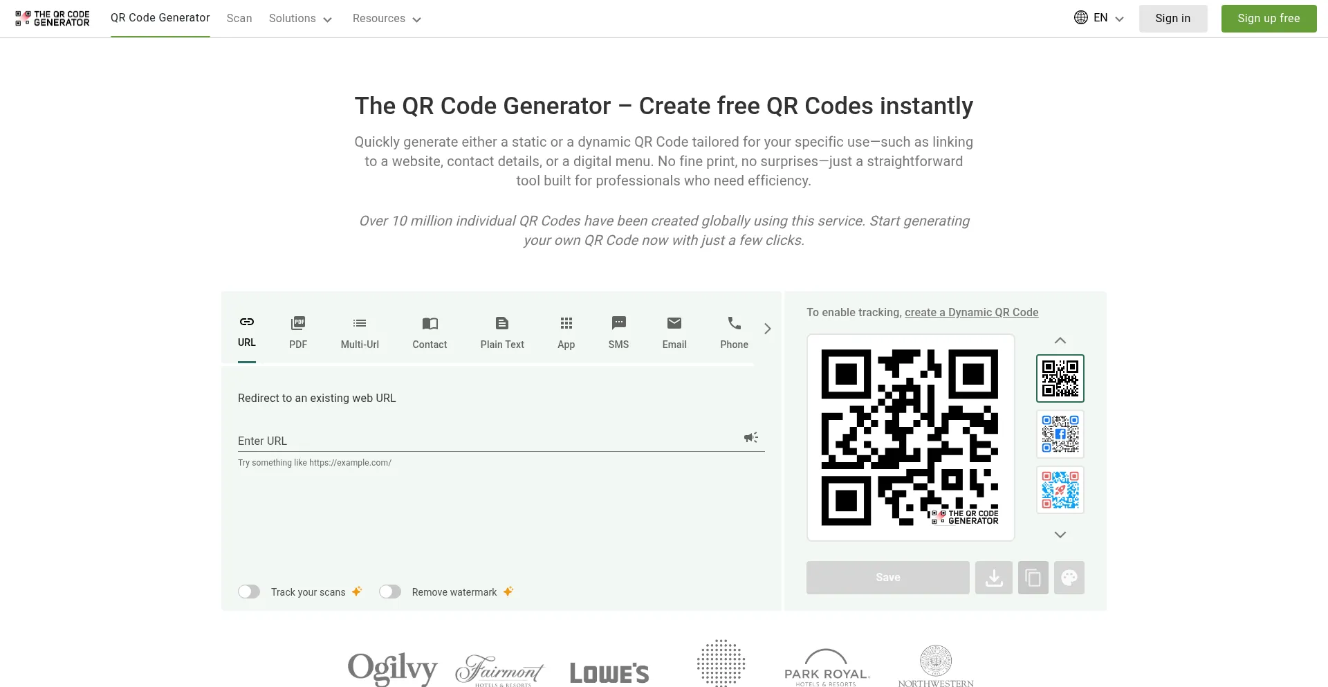 Website screenshot of Qr-codes.io