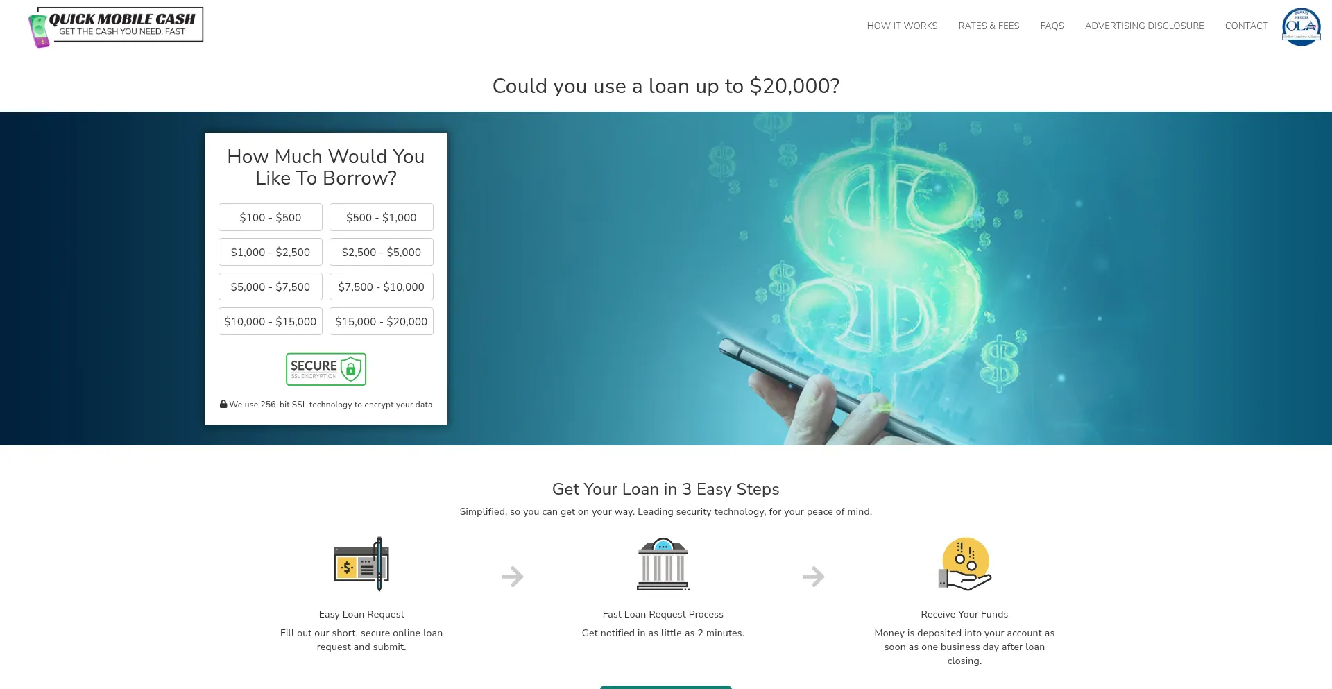 Website screenshot of Quickmobilecash.com