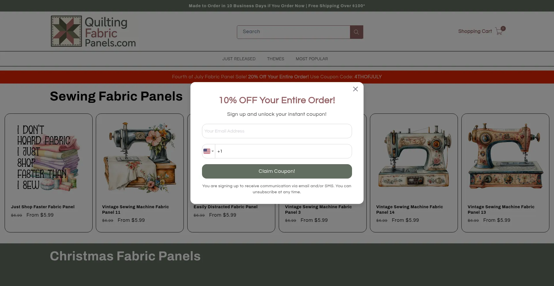 Website screenshot of Quiltingfabricpanels.com