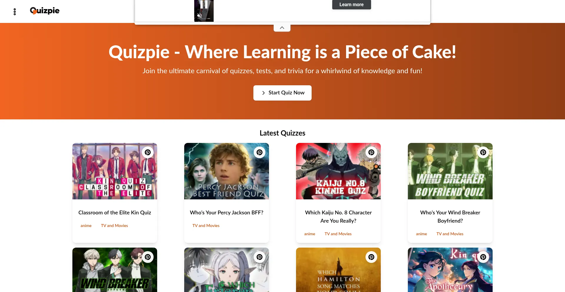 Website screenshot of Quizpie.com