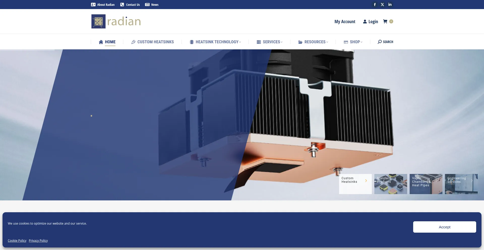 Website screenshot of Radianheatsinks.com