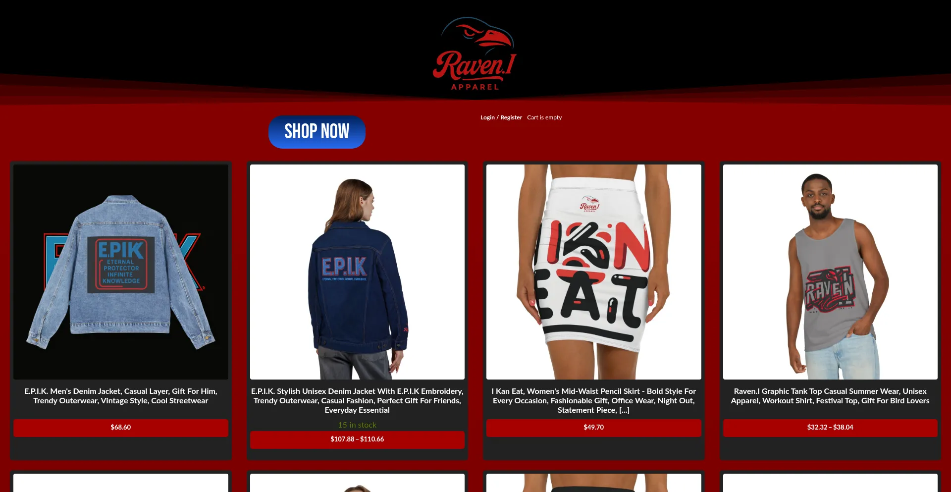 Website screenshot of Raveniapparel.maax.site