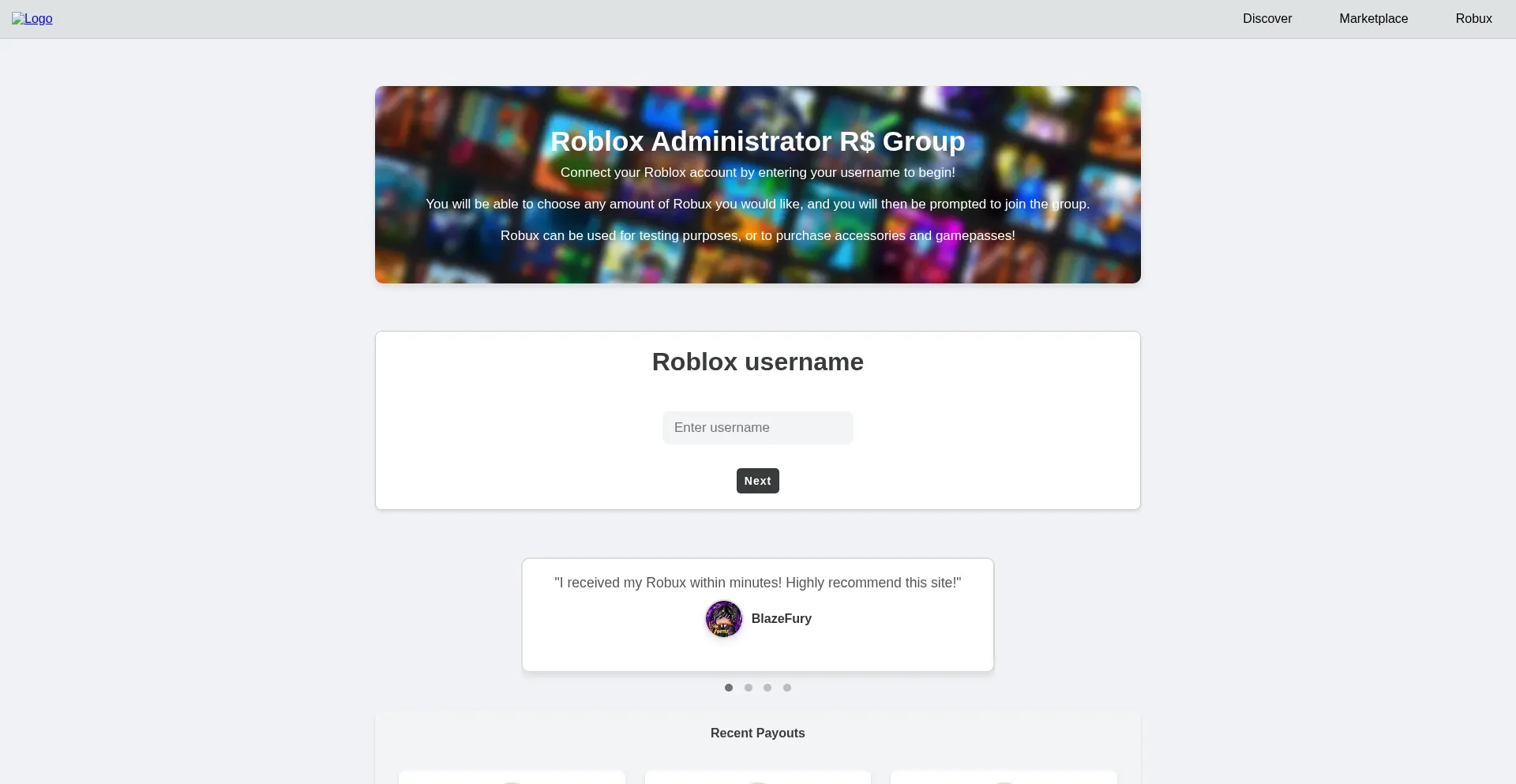 Website screenshot of Rbxone.netlify.app