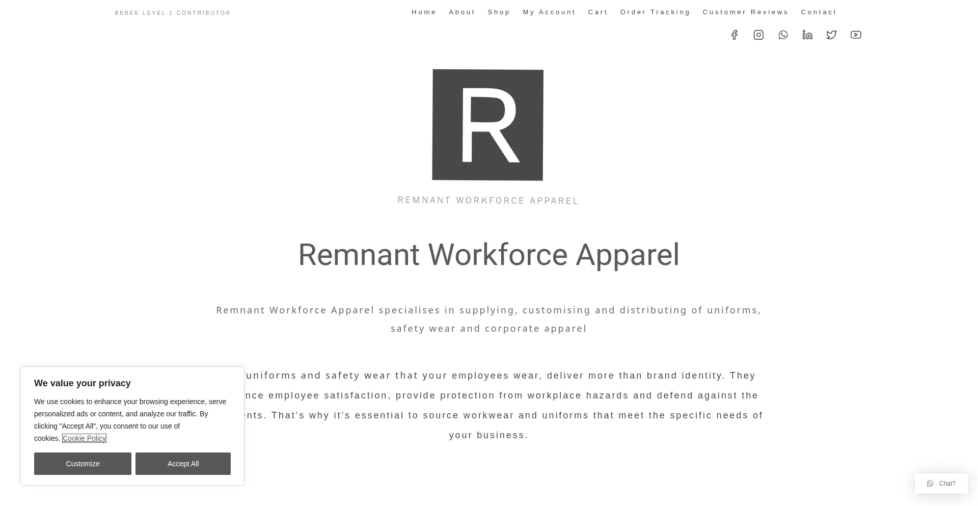 Website screenshot of Remnantworkforceapparel.co.za