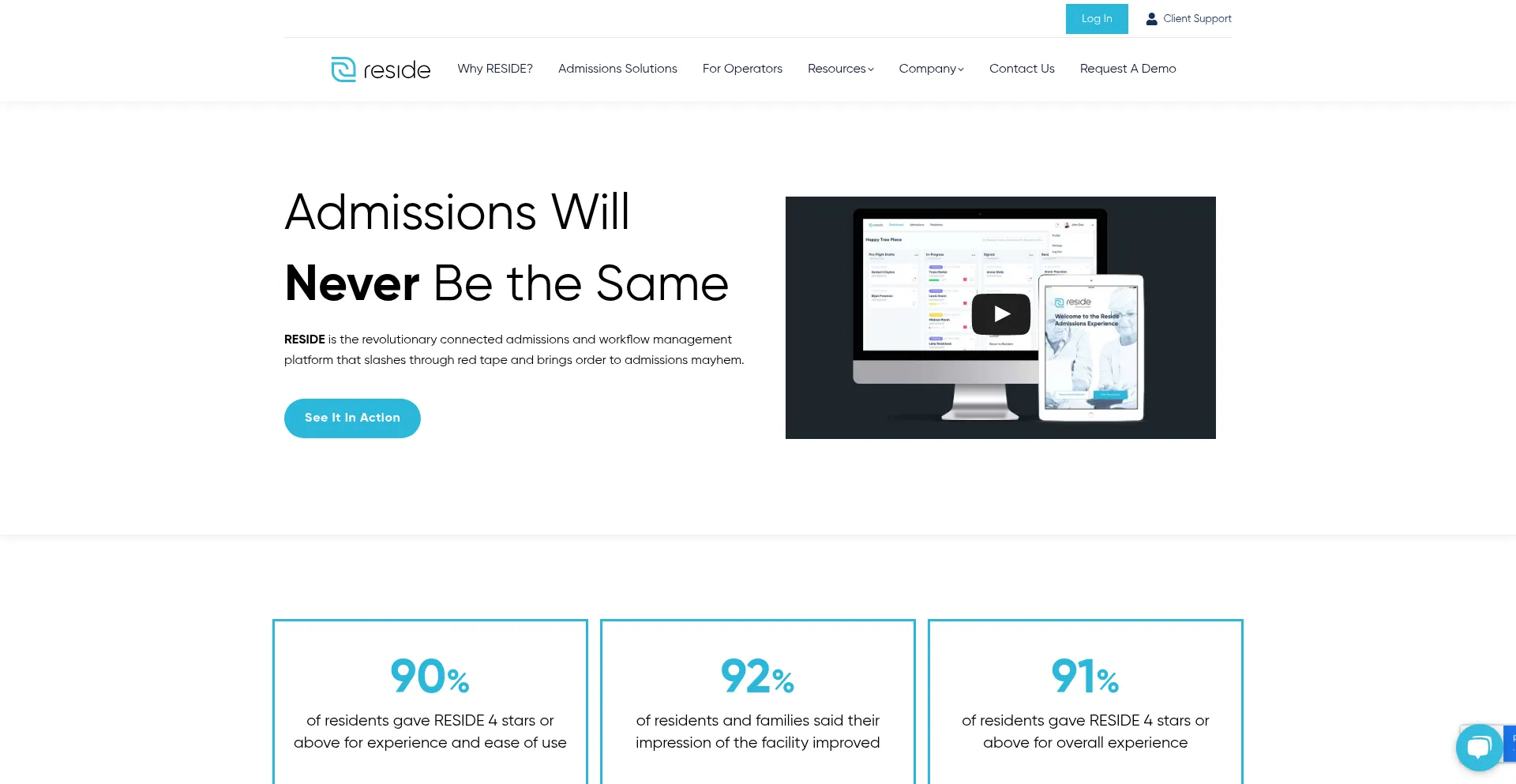 Website screenshot of Resideadmissions.com