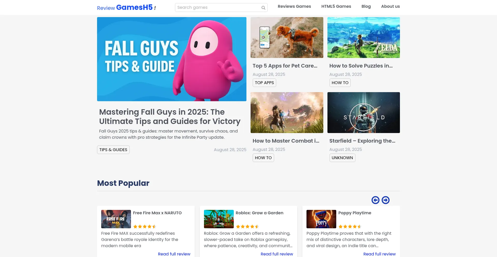 Website screenshot of Reviewgamesh5.com