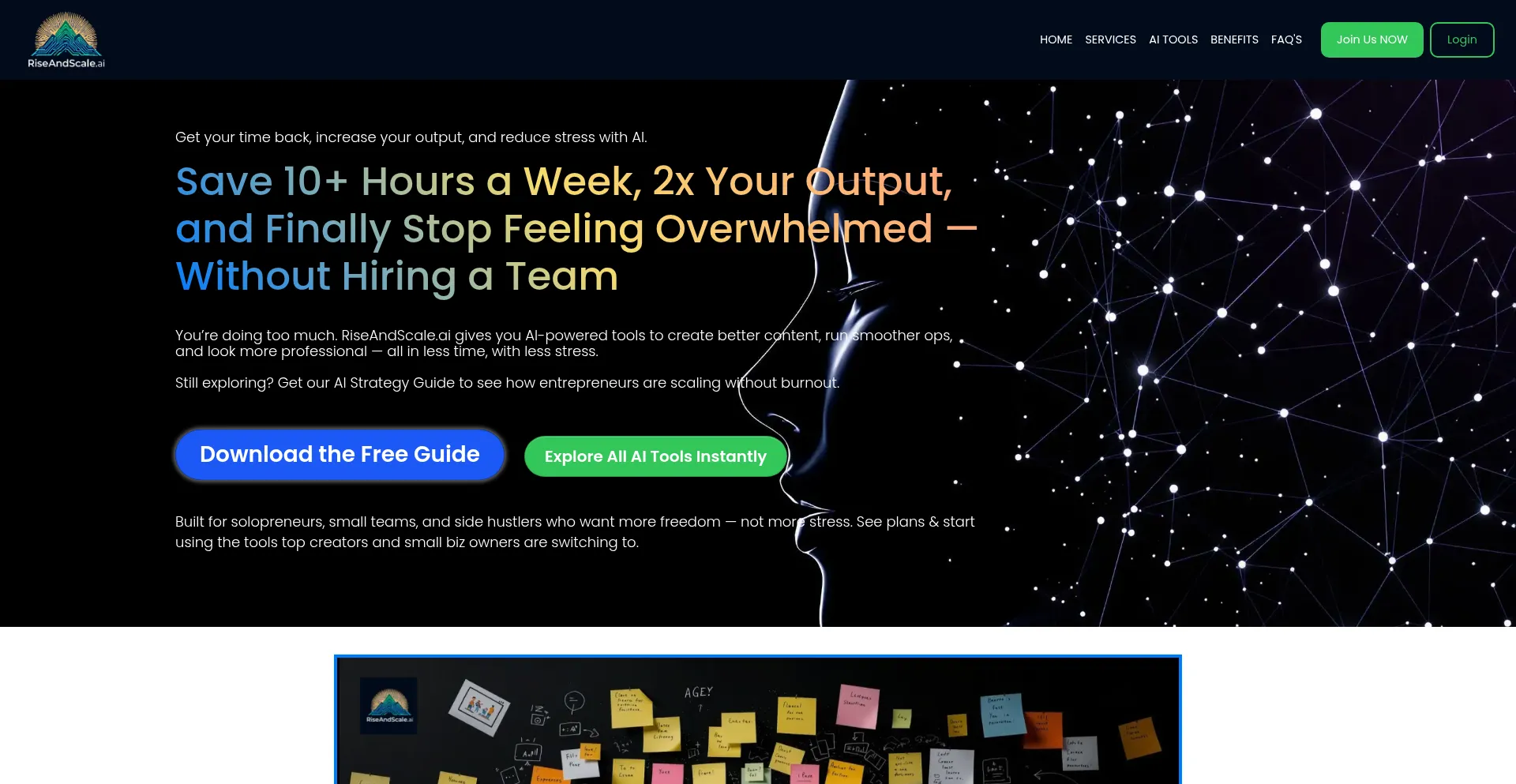 Website screenshot of Riseandscale.ai