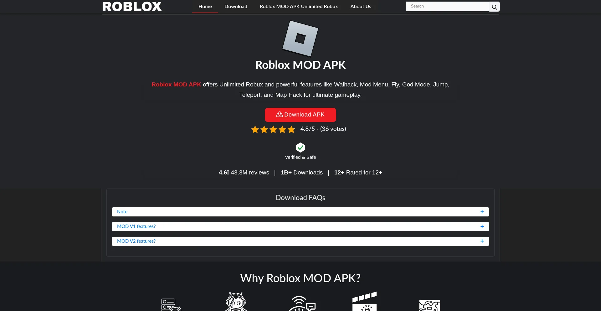 Website screenshot of Robloxmodsapk.com