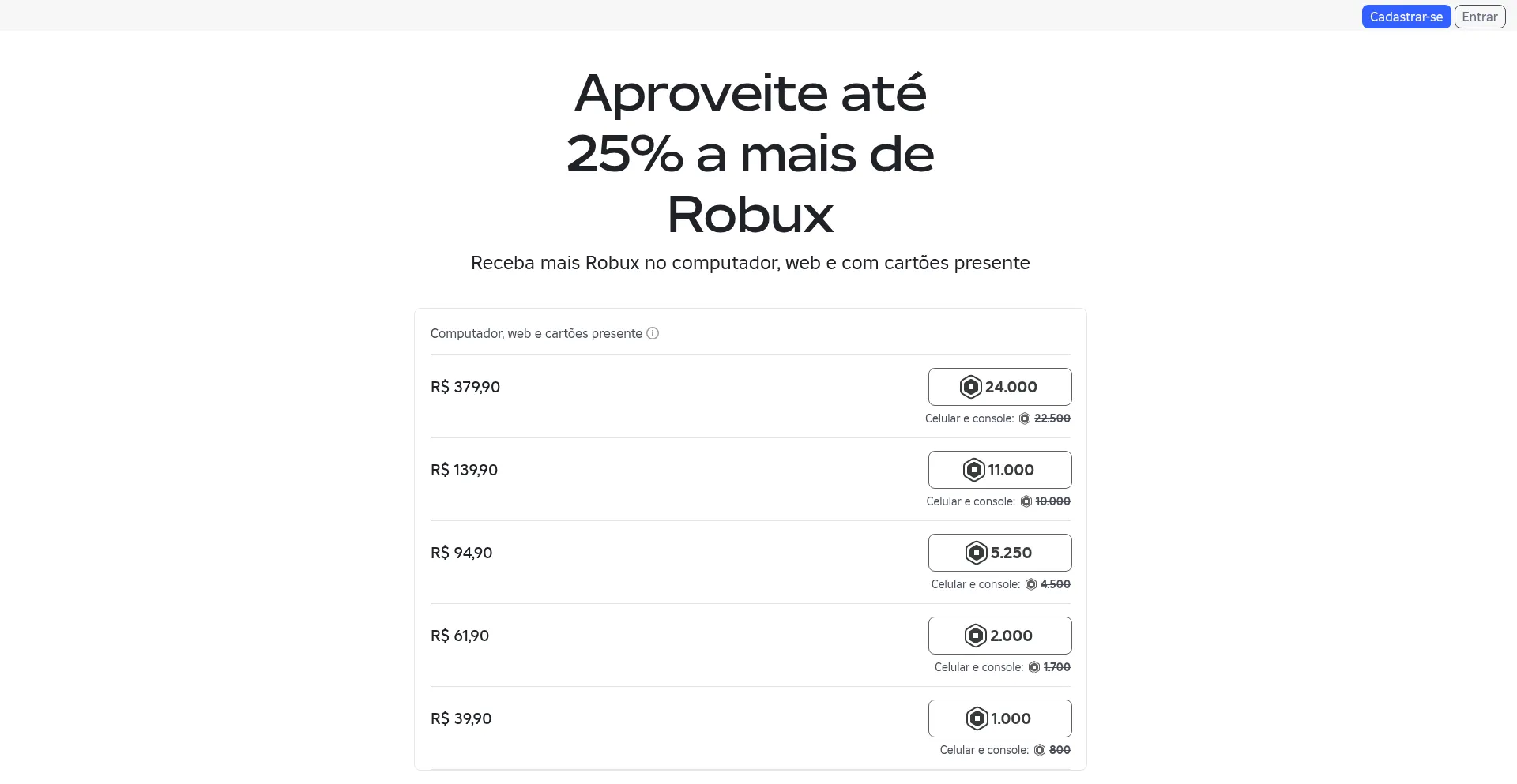 Website screenshot of Robuxrecarga.shop