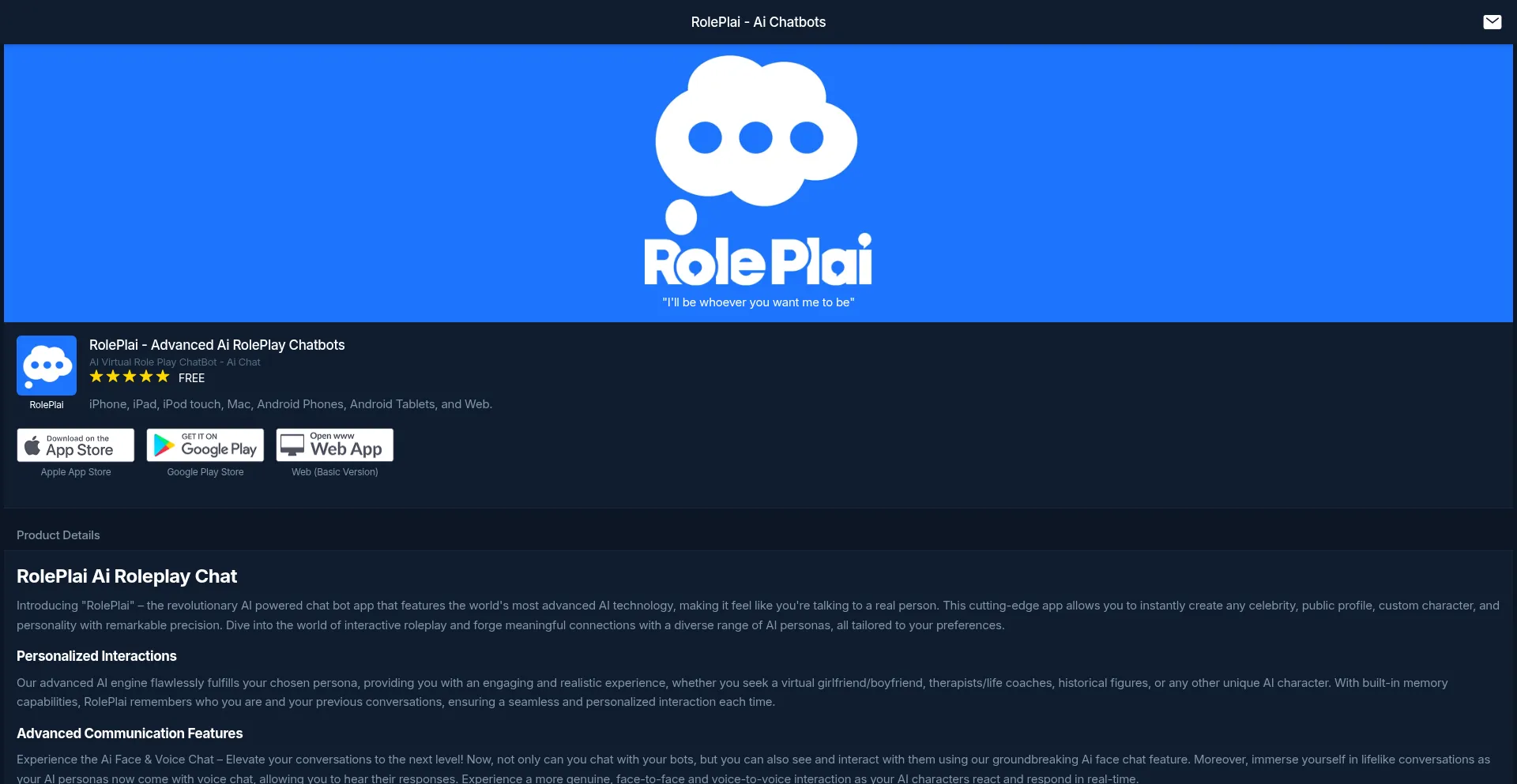Website screenshot of Roleplai.app