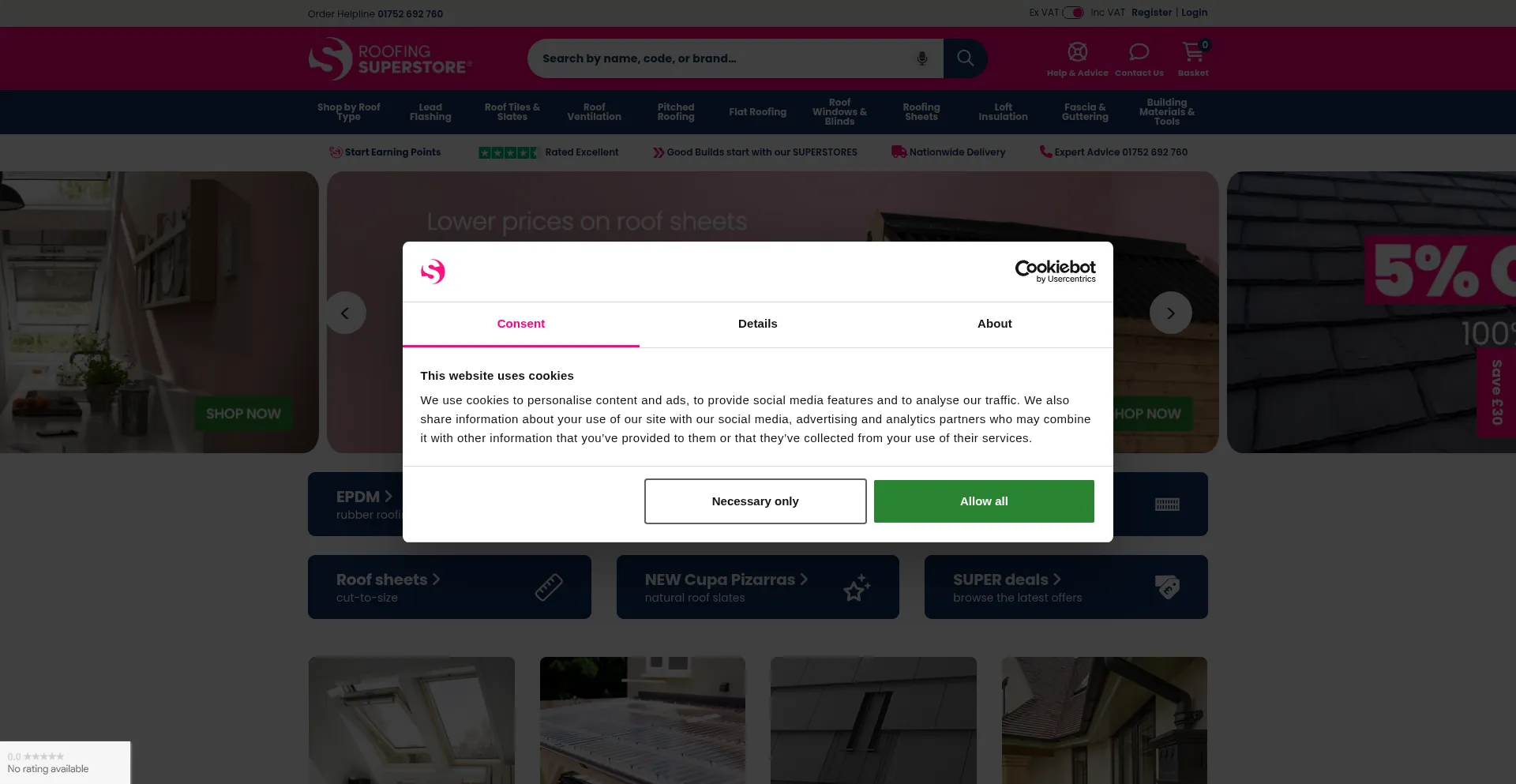 Website screenshot of Roofingsuperstore.co.uk