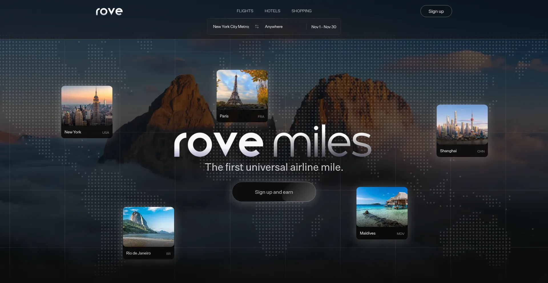 Website screenshot of Rovemiles.com
