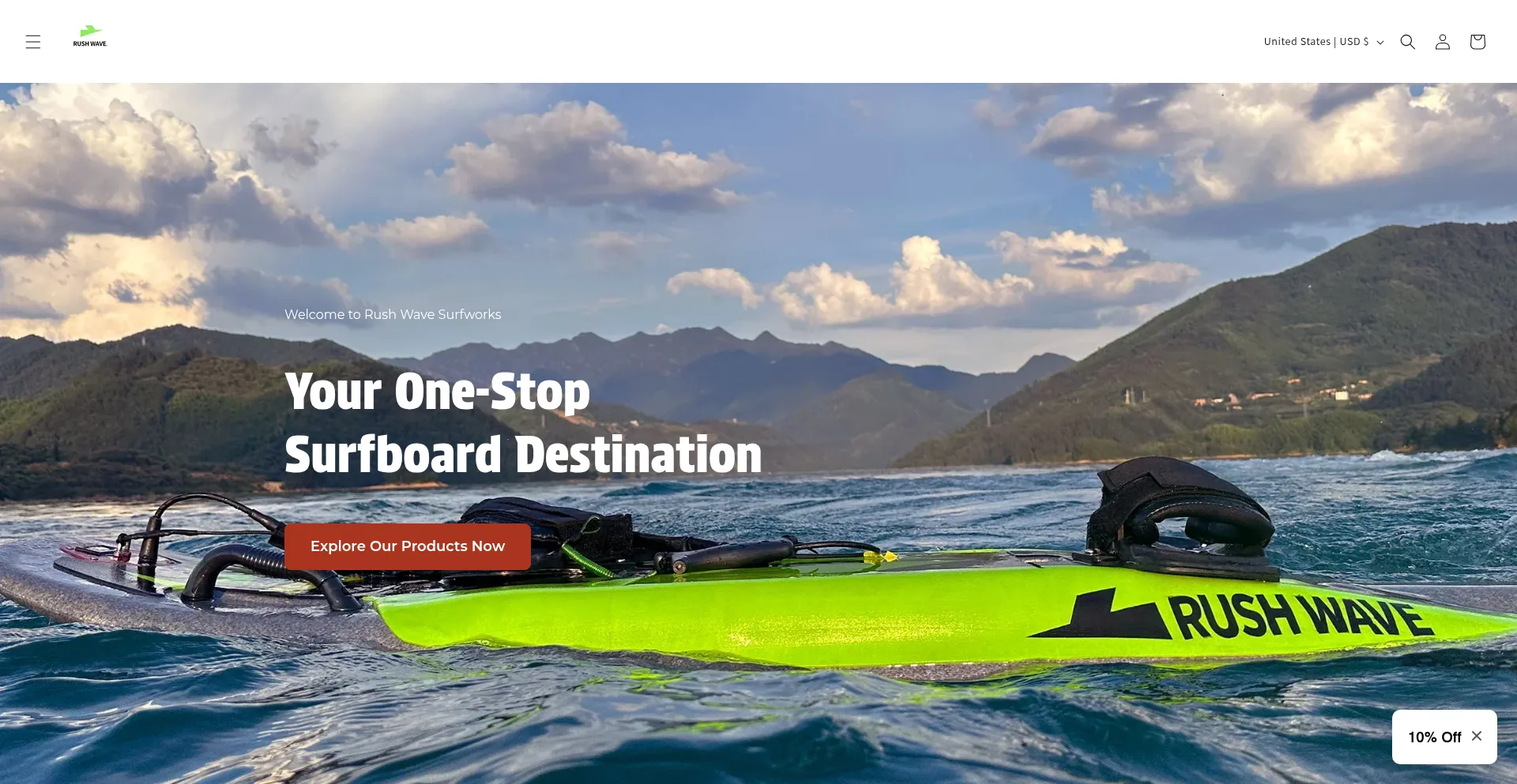 Website screenshot of Rushwavesurfworks.store