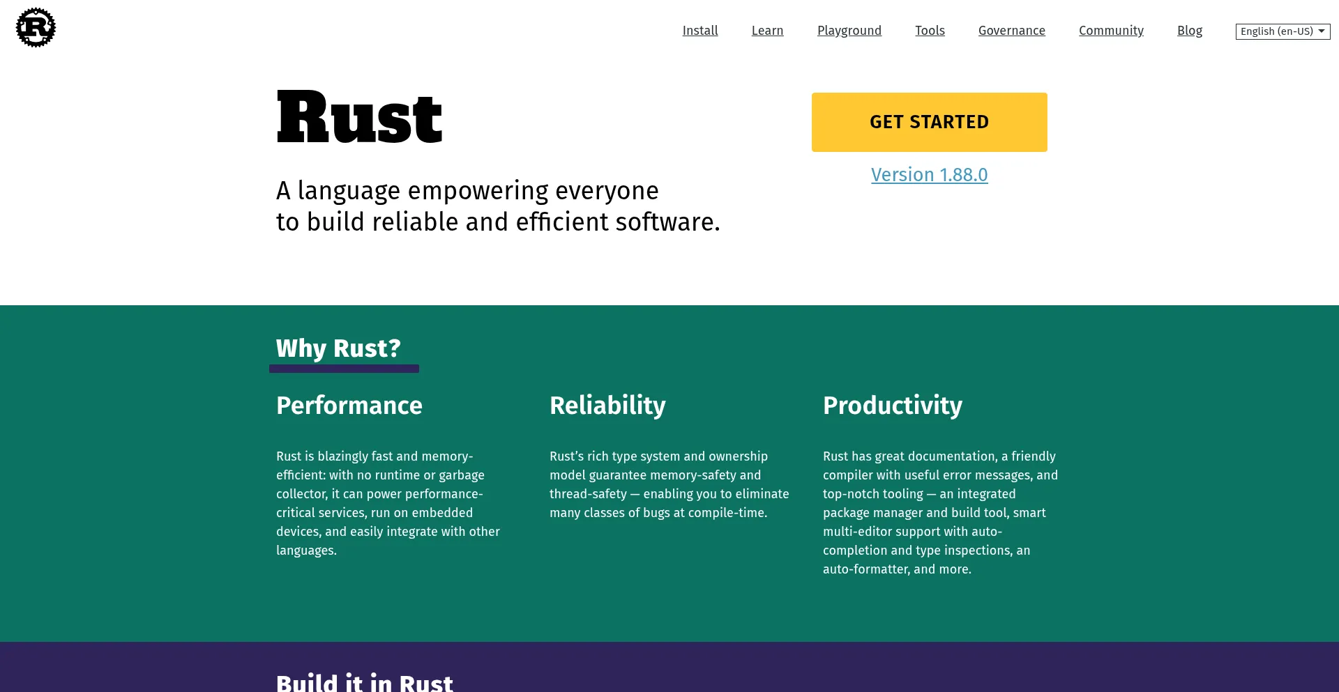 Website screenshot of Rust-lang.org