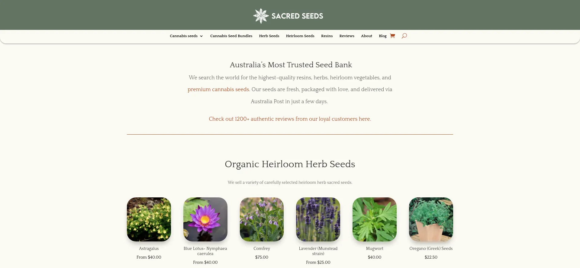 Website screenshot of Sacredseeds.com.au