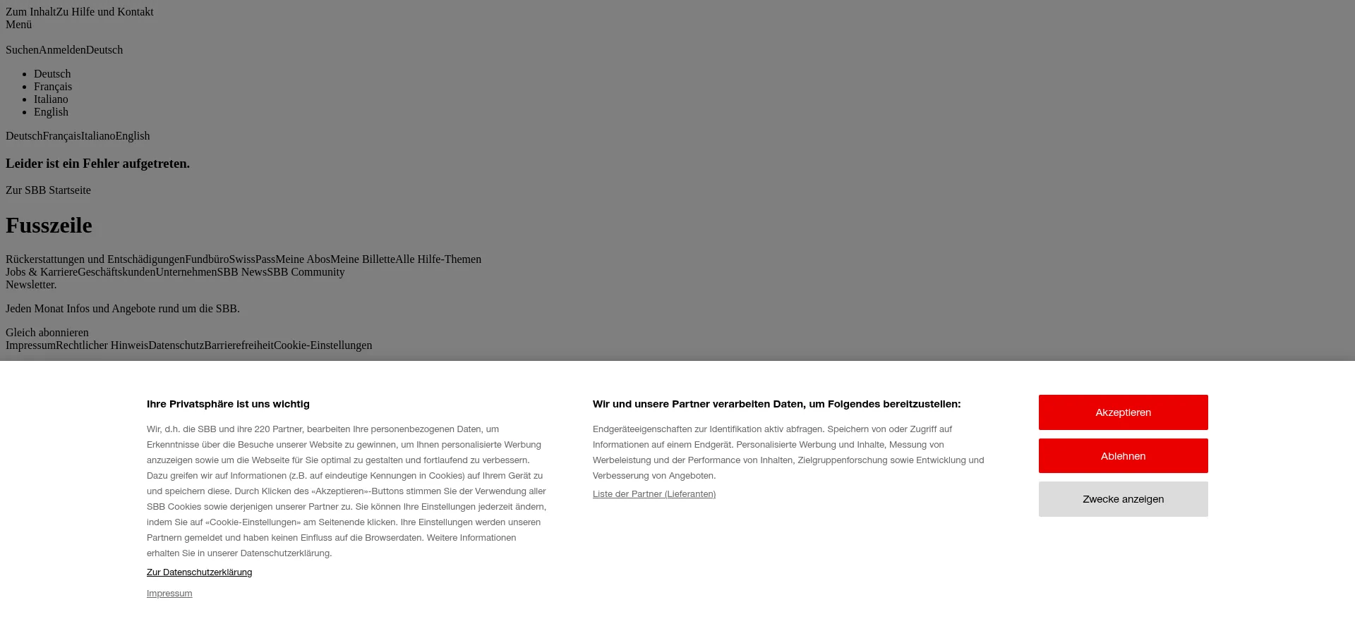 Website screenshot of Sbb.ch