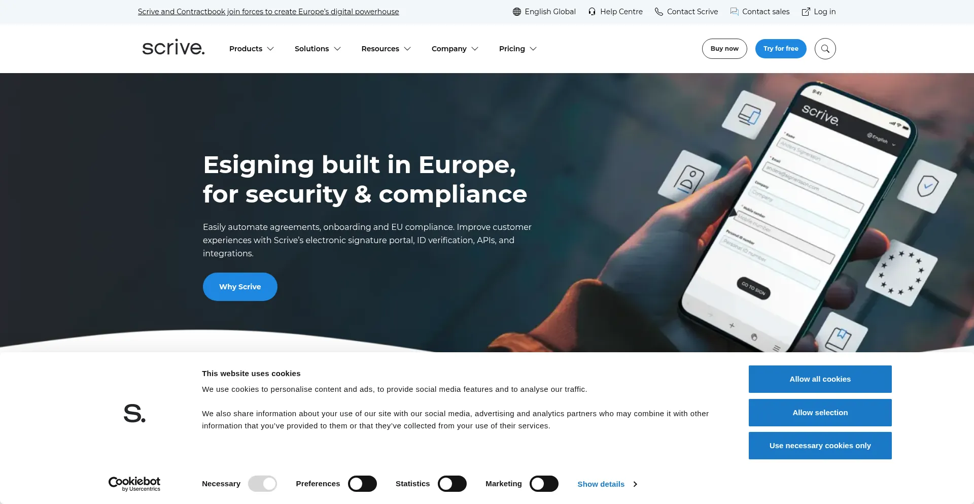 Website screenshot of Scrive.com