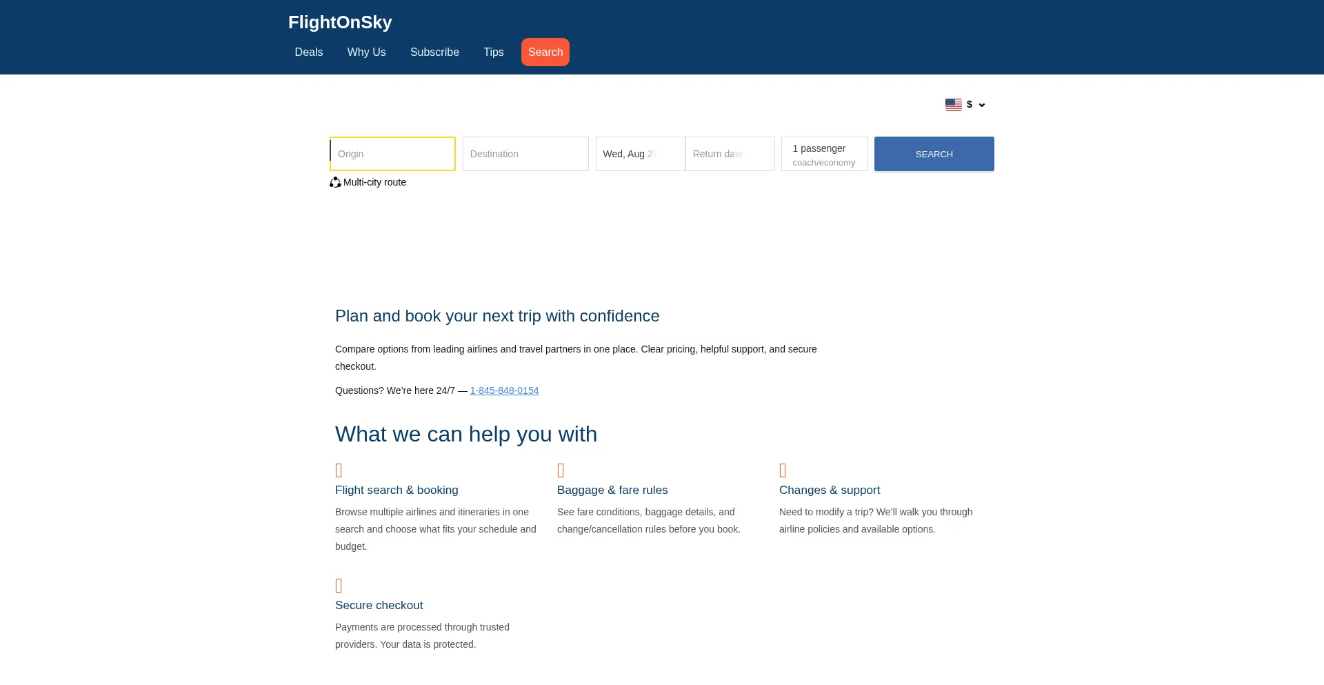Website screenshot of Search.flightonsky.com