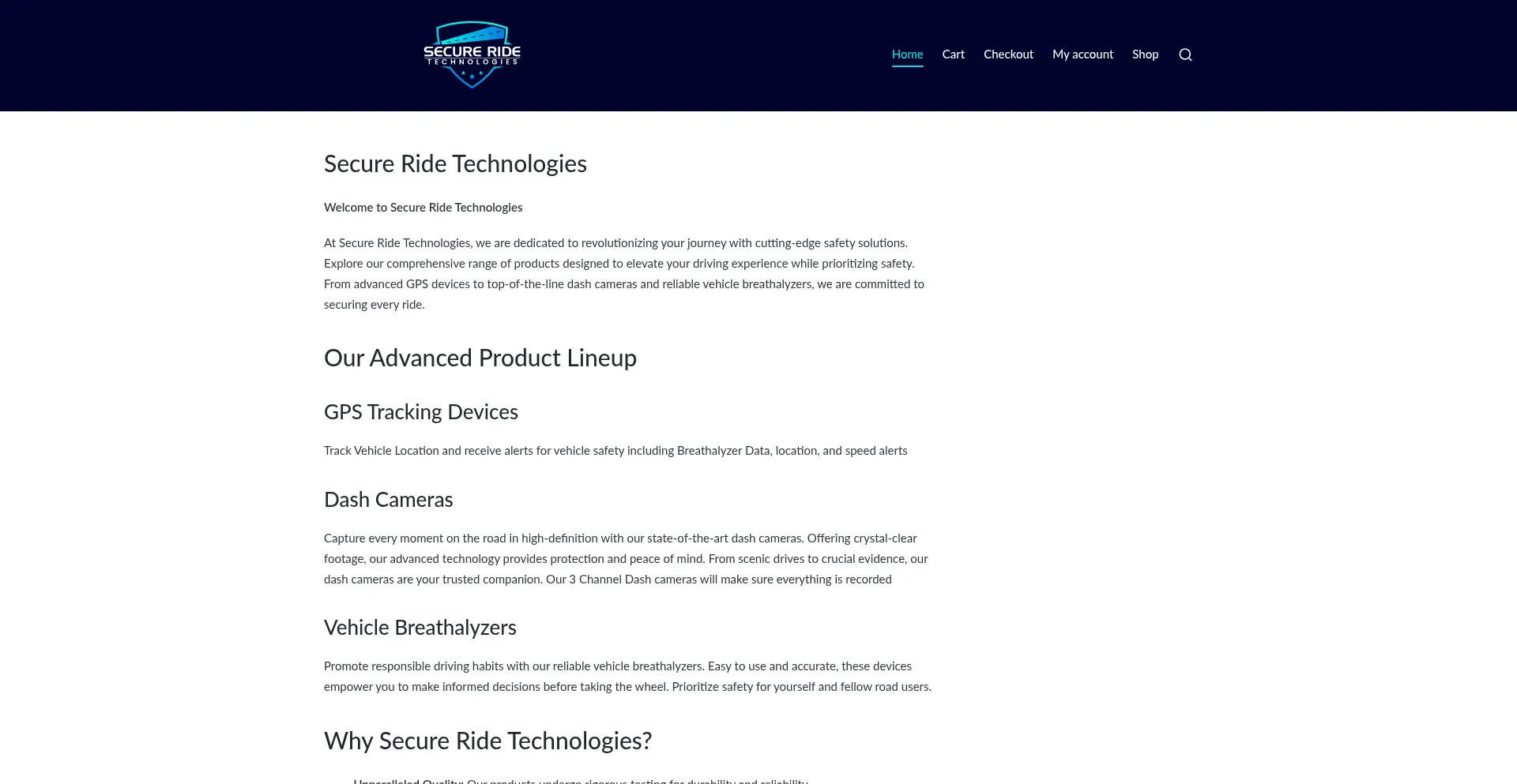 Website screenshot of Secureridetech.com