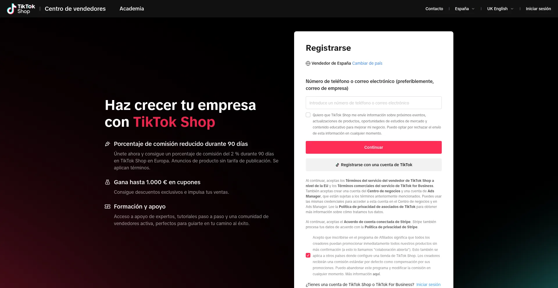 Website screenshot of Seller-es-accounts.tiktok.com
