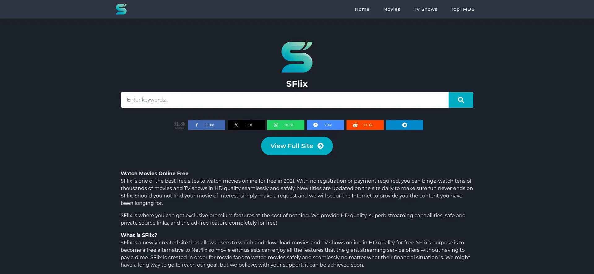 Website screenshot of Sflix2.to
