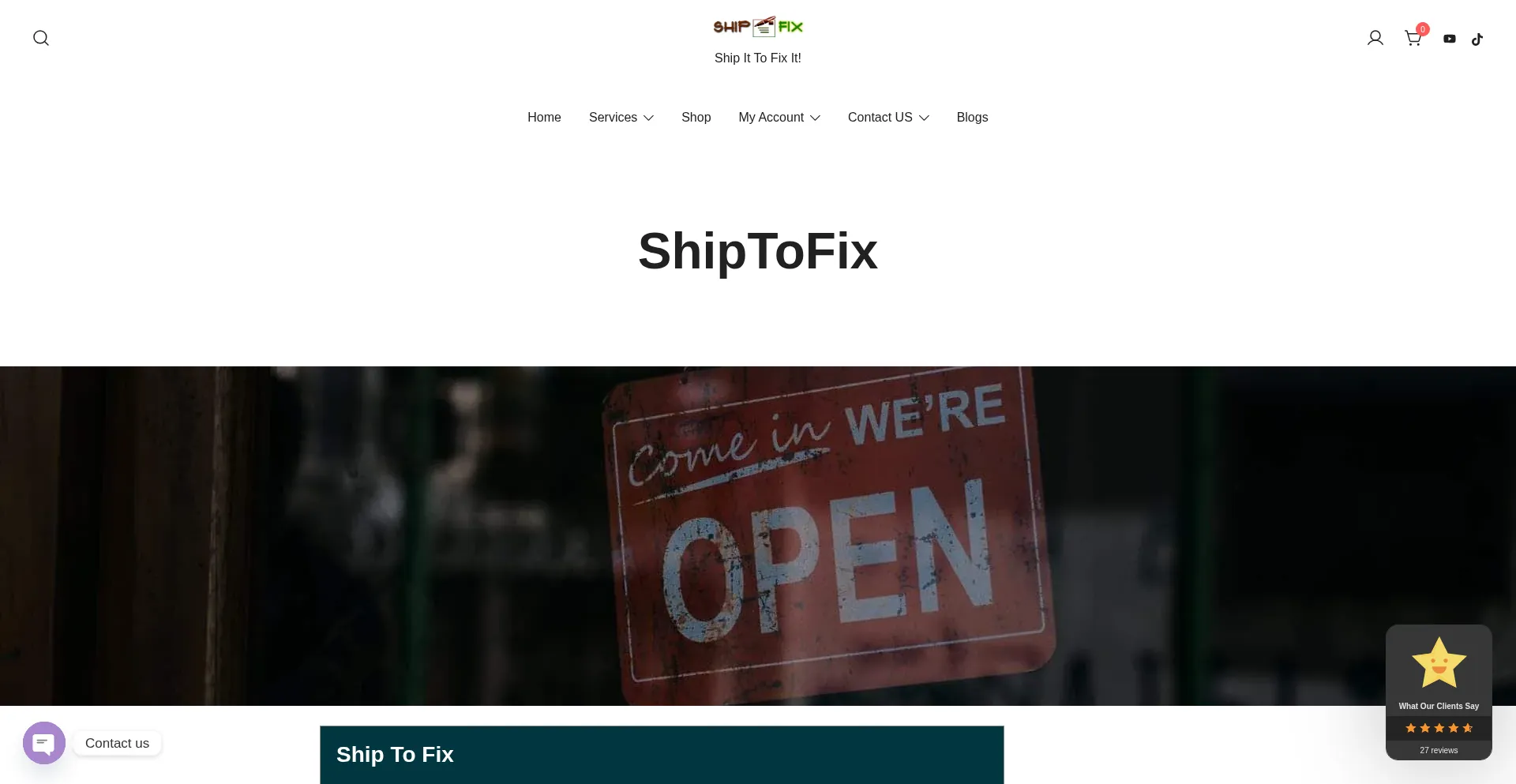 Website screenshot of Shiptofix.com