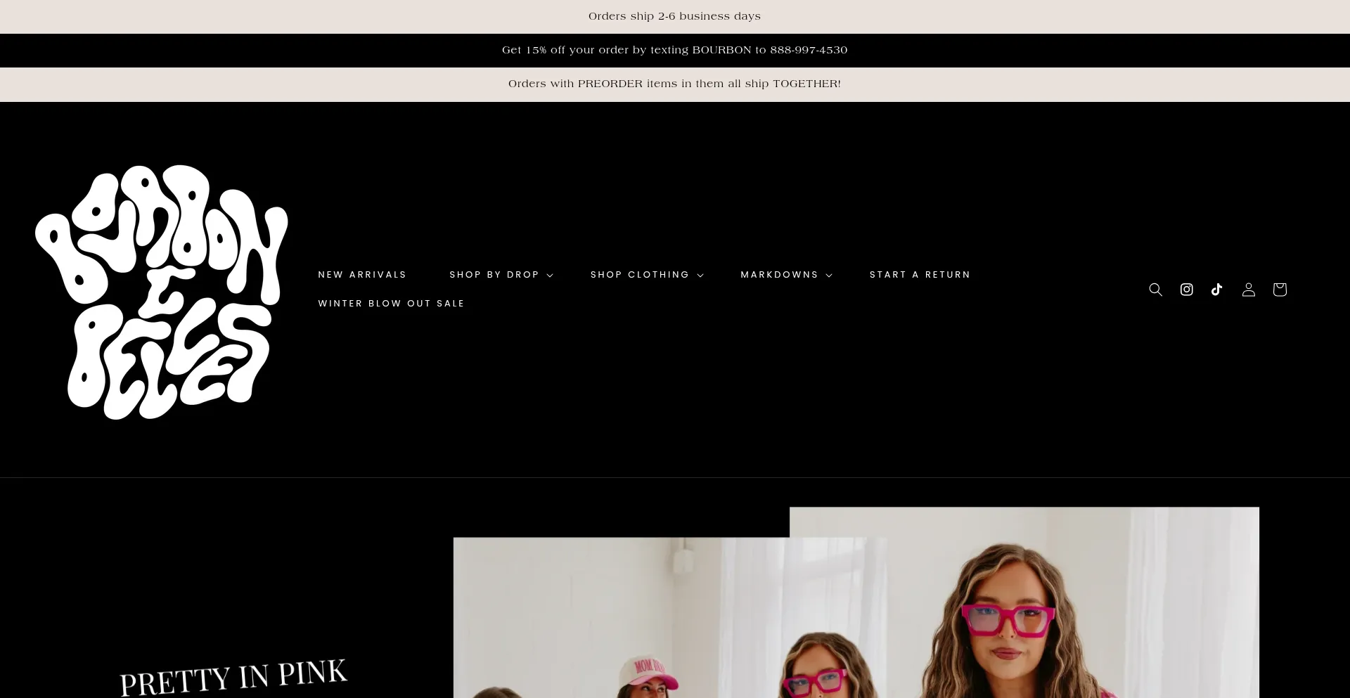 Website screenshot of Shopbourbonandbelles.com