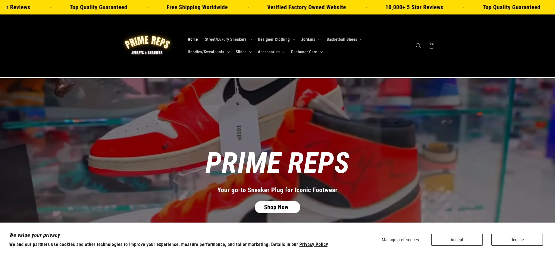 Website screenshot of Shopprimereps.com