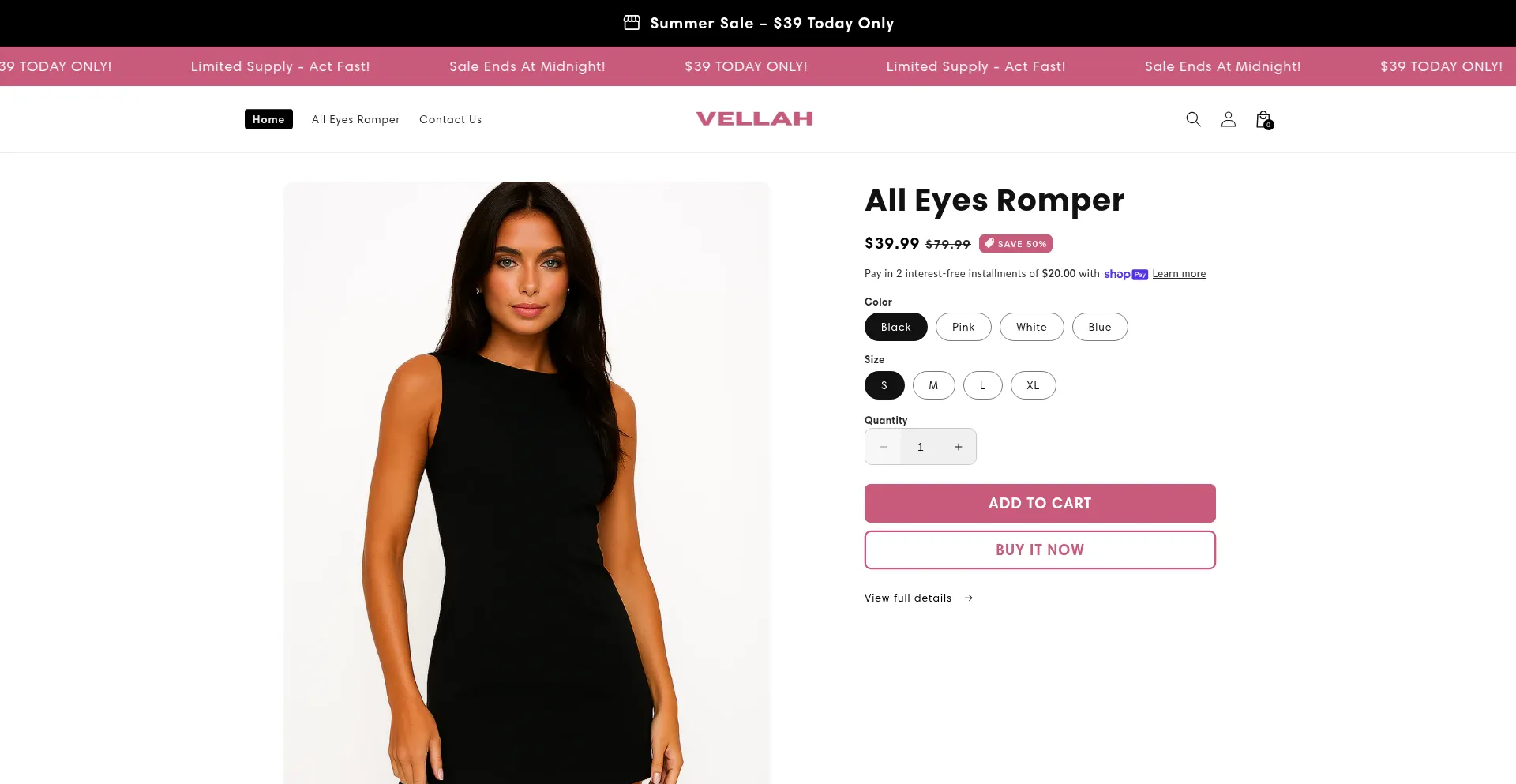 Website screenshot of Shopvellah.com