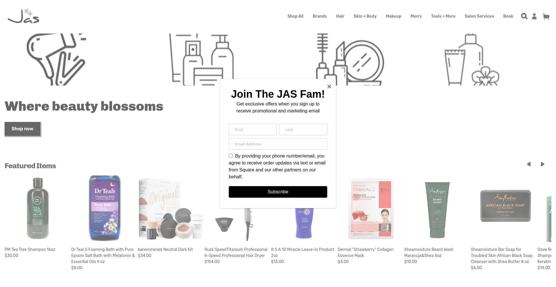 Website screenshot of Shopwithjas.com